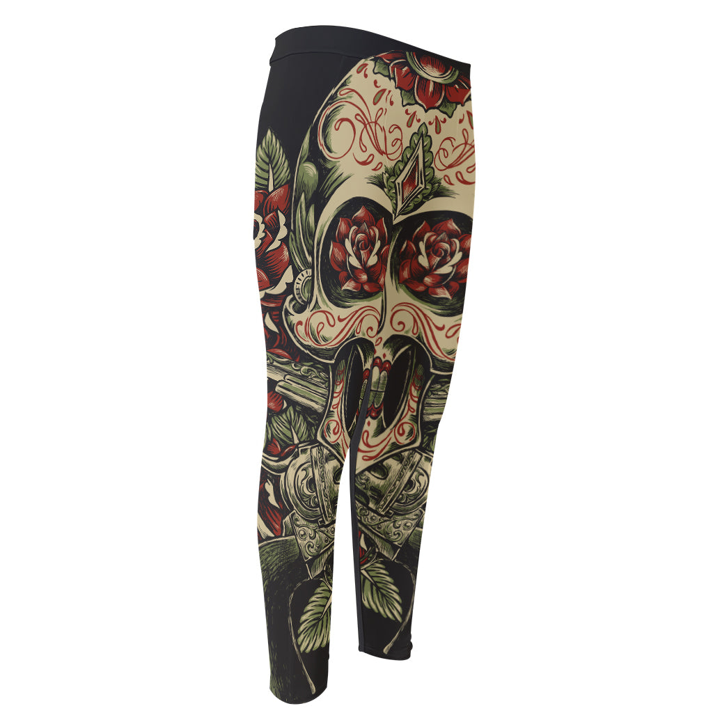 Skull And Roses Tattoo Print Men's Compression Pants