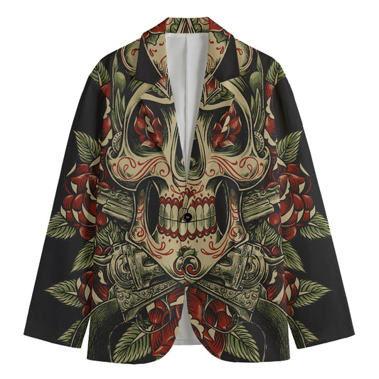 Skull And Roses Tattoo Print Men's Cotton Blazer