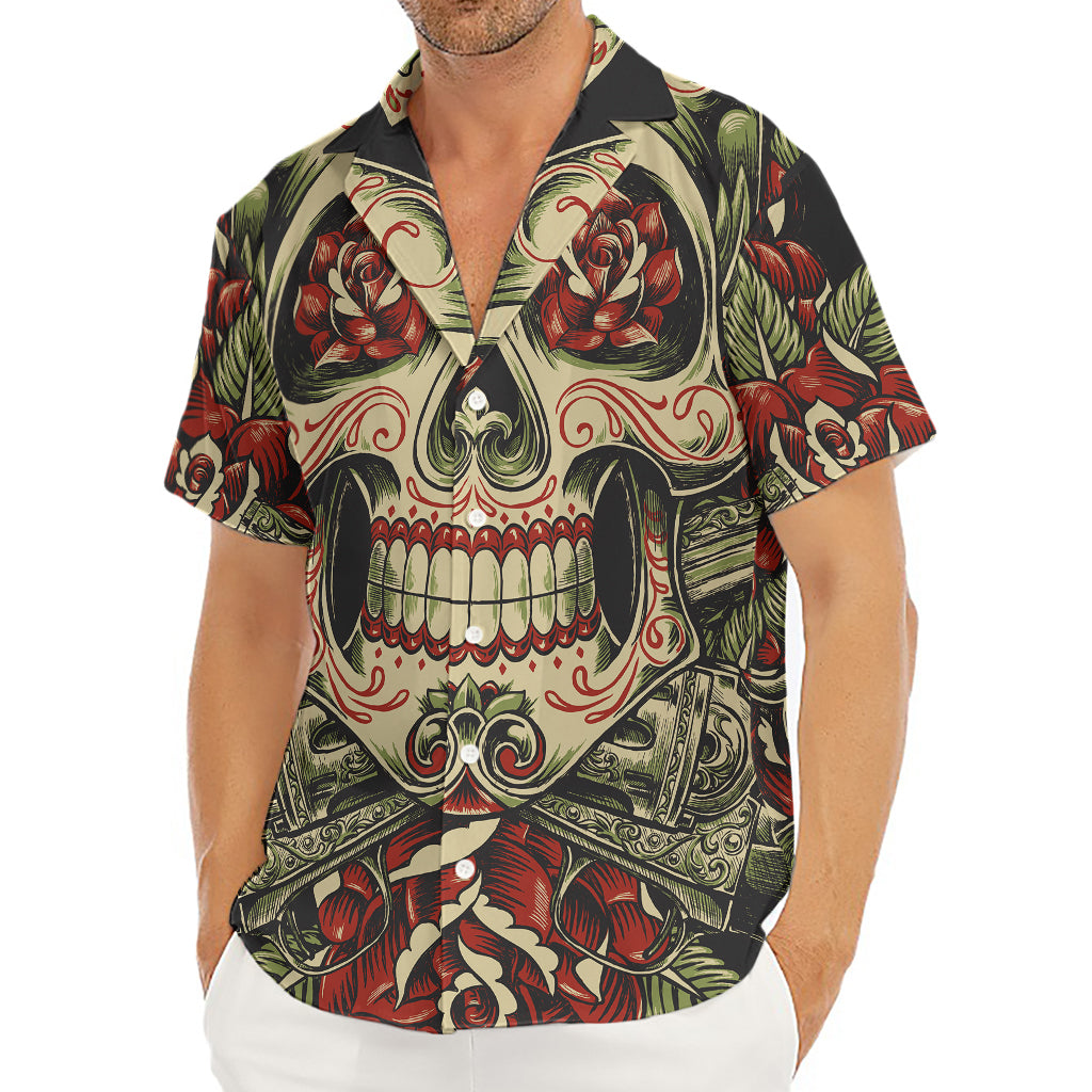 Skull And Roses Tattoo Print Men's Deep V-Neck Shirt