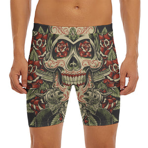 Skull And Roses Tattoo Print Men's Long Boxer Briefs