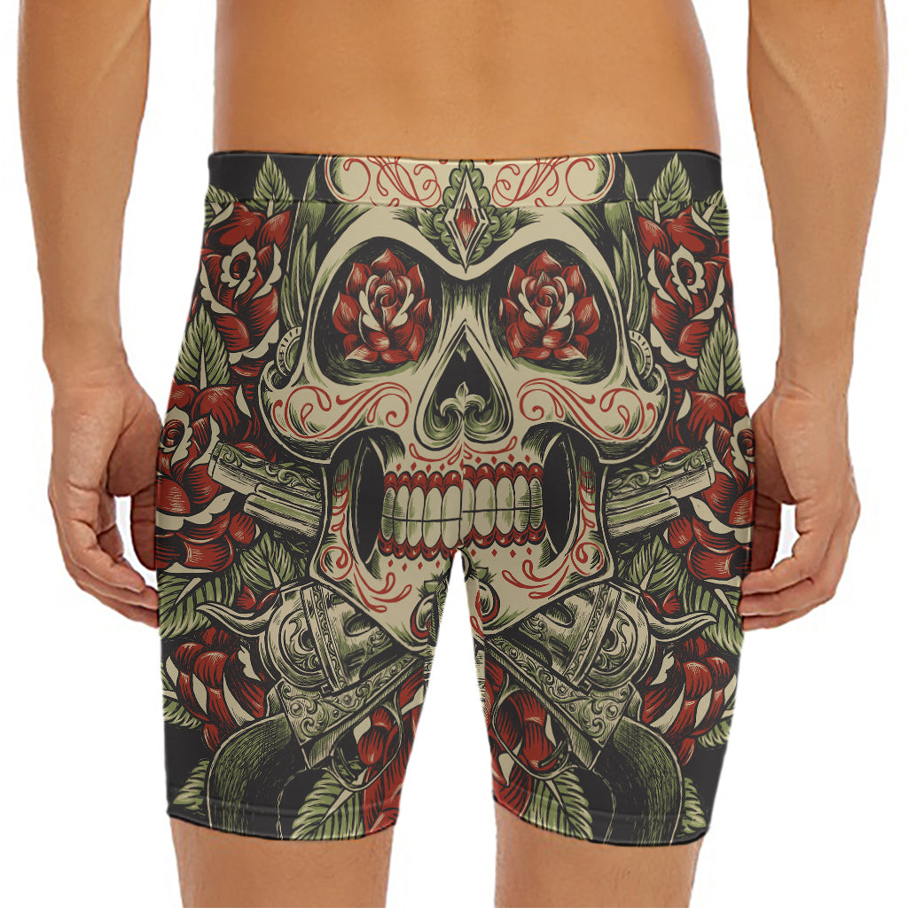 Skull And Roses Tattoo Print Men's Long Boxer Briefs