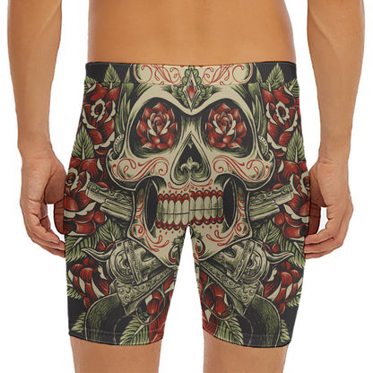 Skull And Roses Tattoo Print Men's Long Boxer Briefs