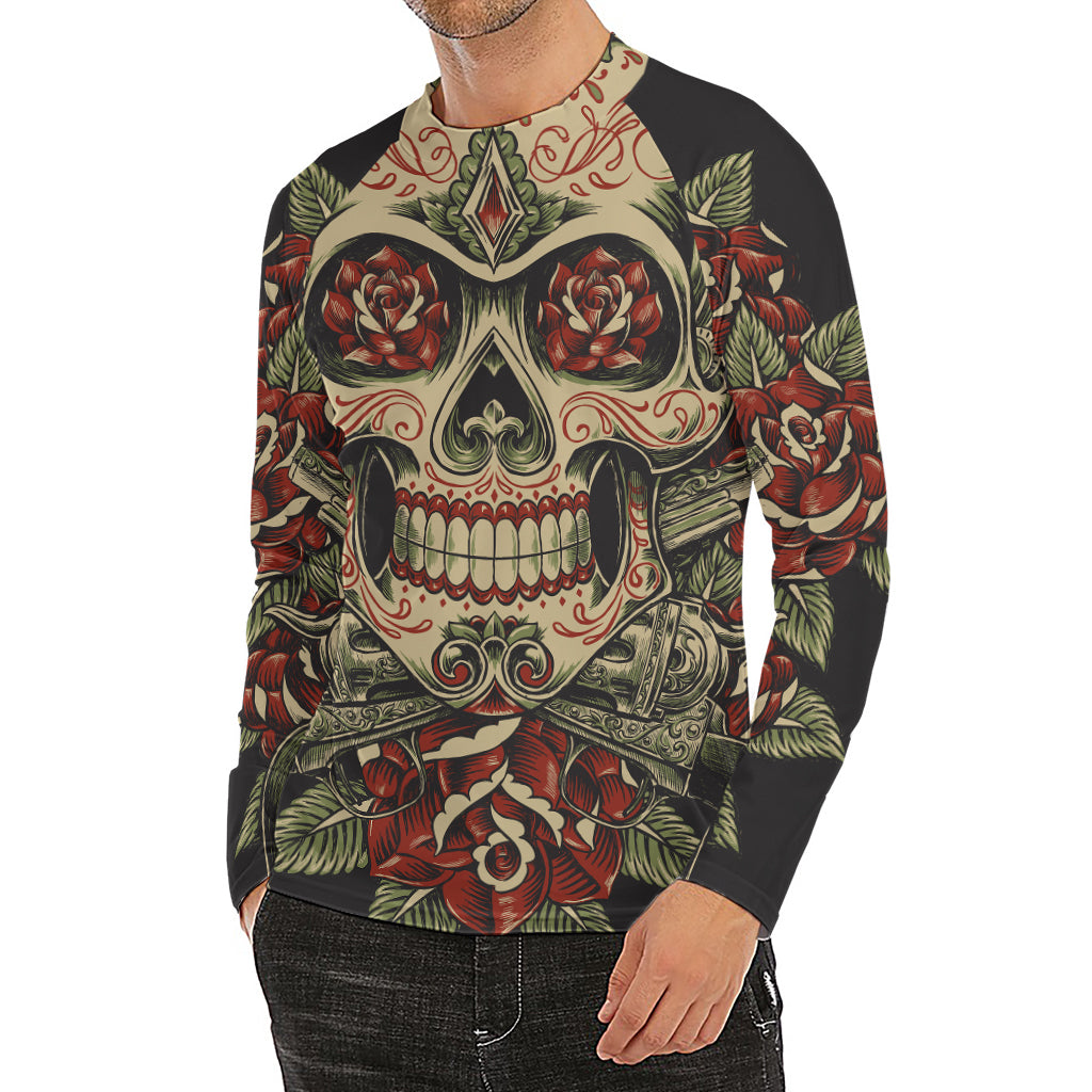 Skull And Roses Tattoo Print Men's Long Sleeve Rash Guard