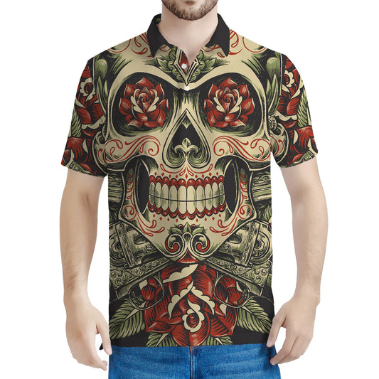 Skull And Roses Tattoo Print Men's Polo Shirt