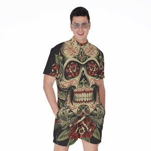 Skull And Roses Tattoo Print Men's Rompers