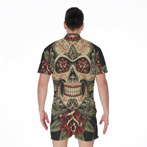 Skull And Roses Tattoo Print Men's Rompers