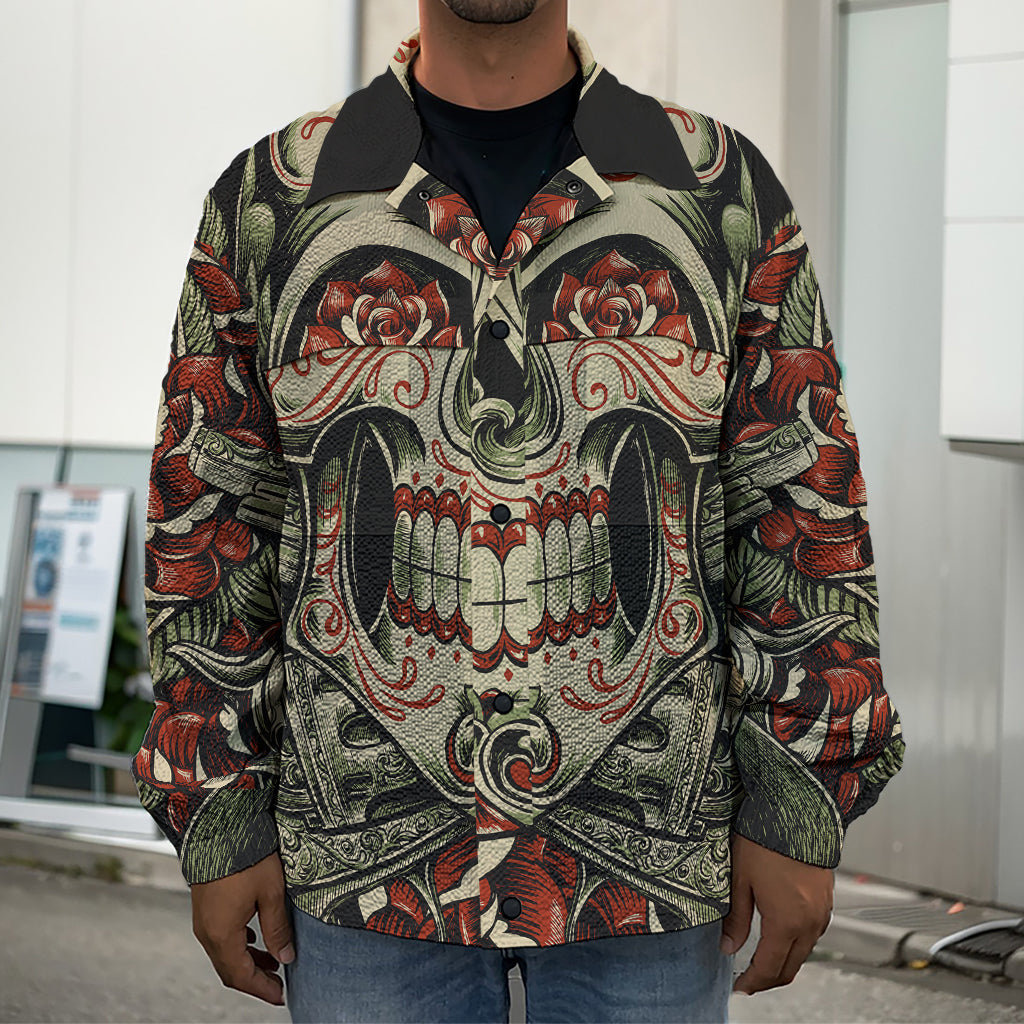 Skull And Roses Tattoo Print Men's Shirt Jacket