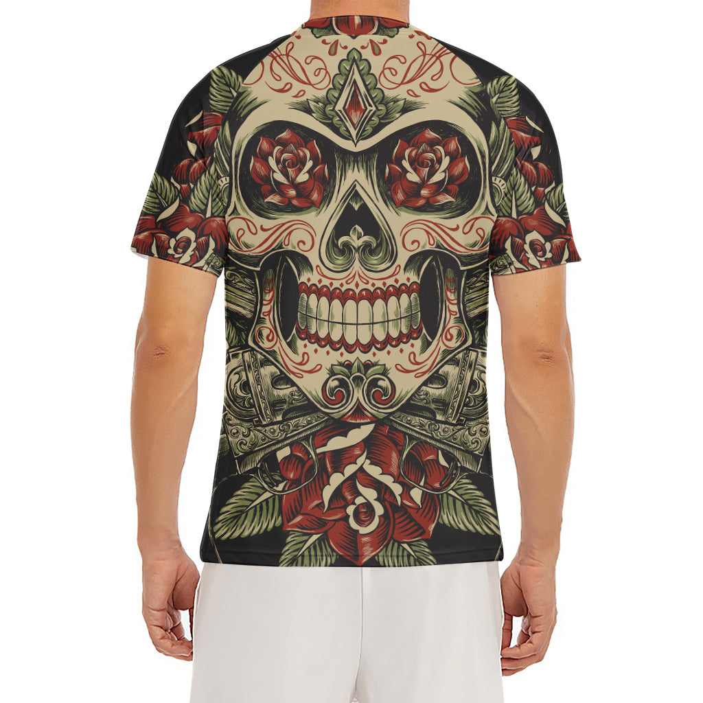 Skull And Roses Tattoo Print Men's Short Sleeve Rash Guard