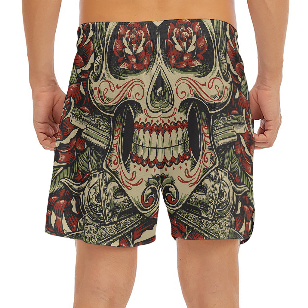 Skull And Roses Tattoo Print Men's Split Running Shorts