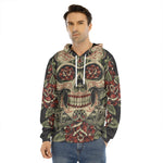 Skull And Roses Tattoo Print Men's Velvet Pullover Hoodie