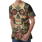 Skull And Roses Tattoo Print Men's Velvet T-Shirt