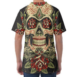 Skull And Roses Tattoo Print Men's Velvet T-Shirt