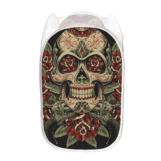 Skull And Roses Tattoo Print Mesh Laundry Hamper