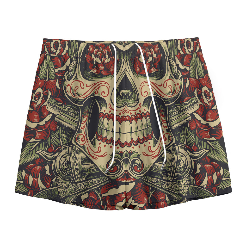 Skull And Roses Tattoo Print Mesh Shorts