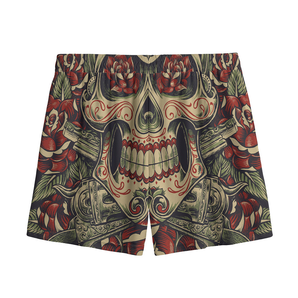 Skull And Roses Tattoo Print Mesh Shorts