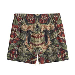 Skull And Roses Tattoo Print Mesh Shorts