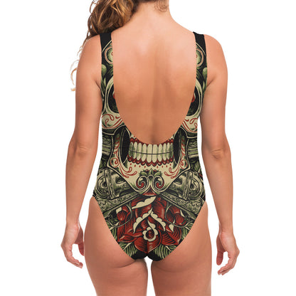 Skull And Roses Tattoo Print One Piece Swimsuit