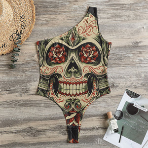 Skull And Roses Tattoo Print One Shoulder Bodysuit