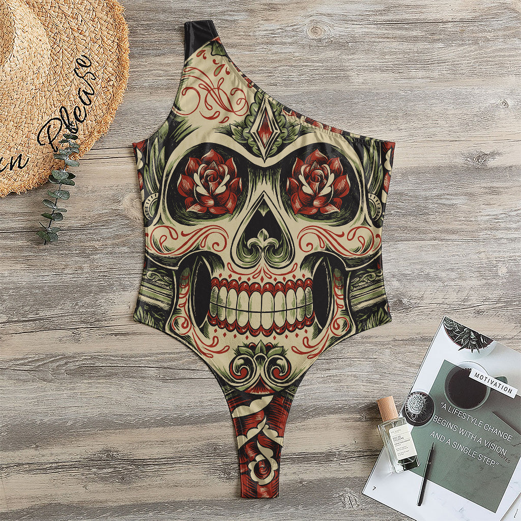 Skull And Roses Tattoo Print One Shoulder Bodysuit