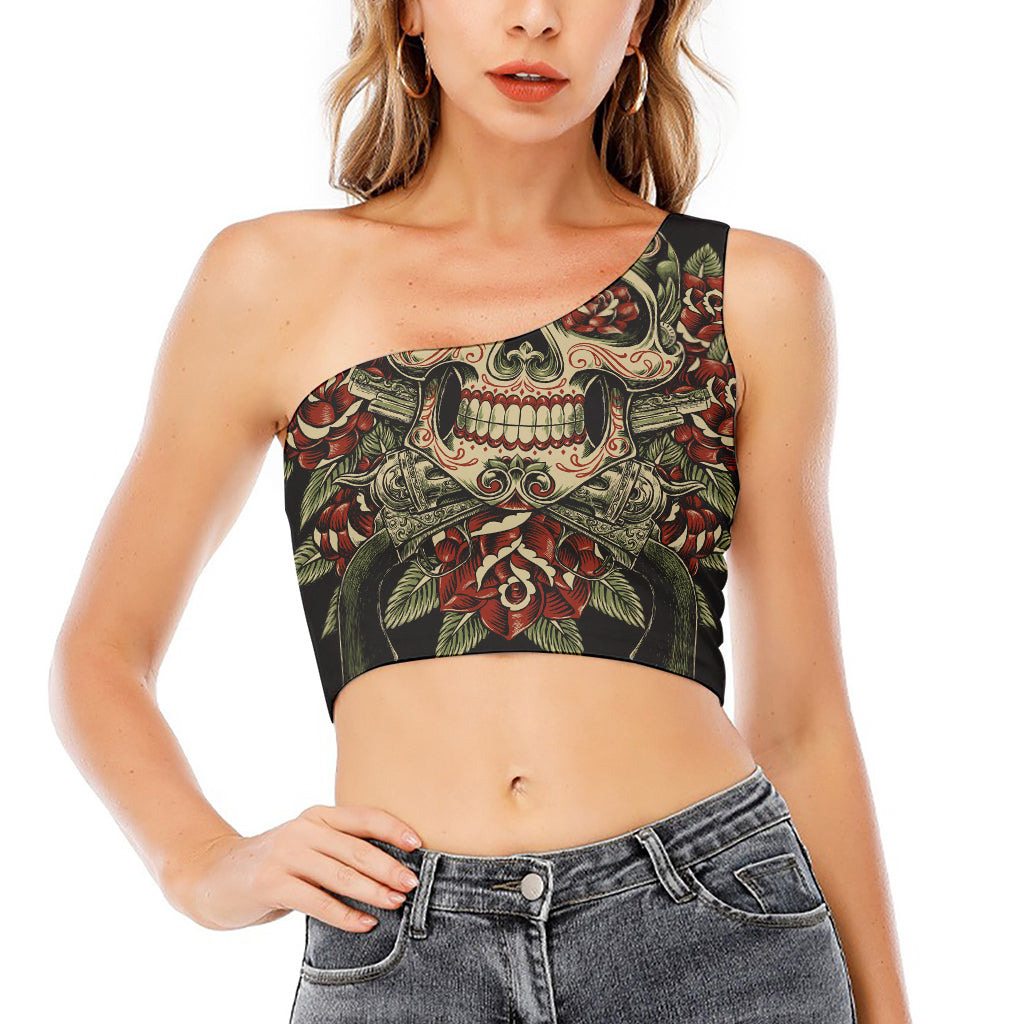 Skull And Roses Tattoo Print One Shoulder Crop Top