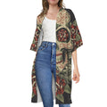 Skull And Roses Tattoo Print Open Front Beach Cover Up