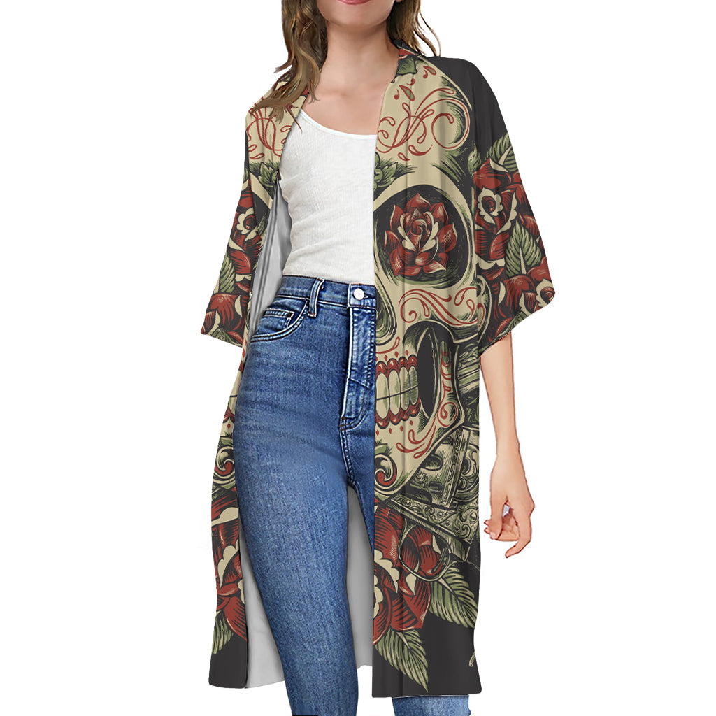 Skull And Roses Tattoo Print Open Front Beach Cover Up
