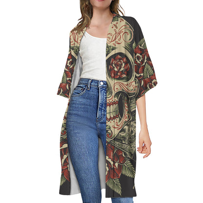 Skull And Roses Tattoo Print Open Front Beach Cover Up