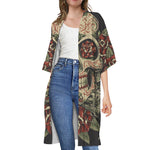 Skull And Roses Tattoo Print Open Front Beach Cover Up