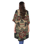 Skull And Roses Tattoo Print Open Front Beach Cover Up