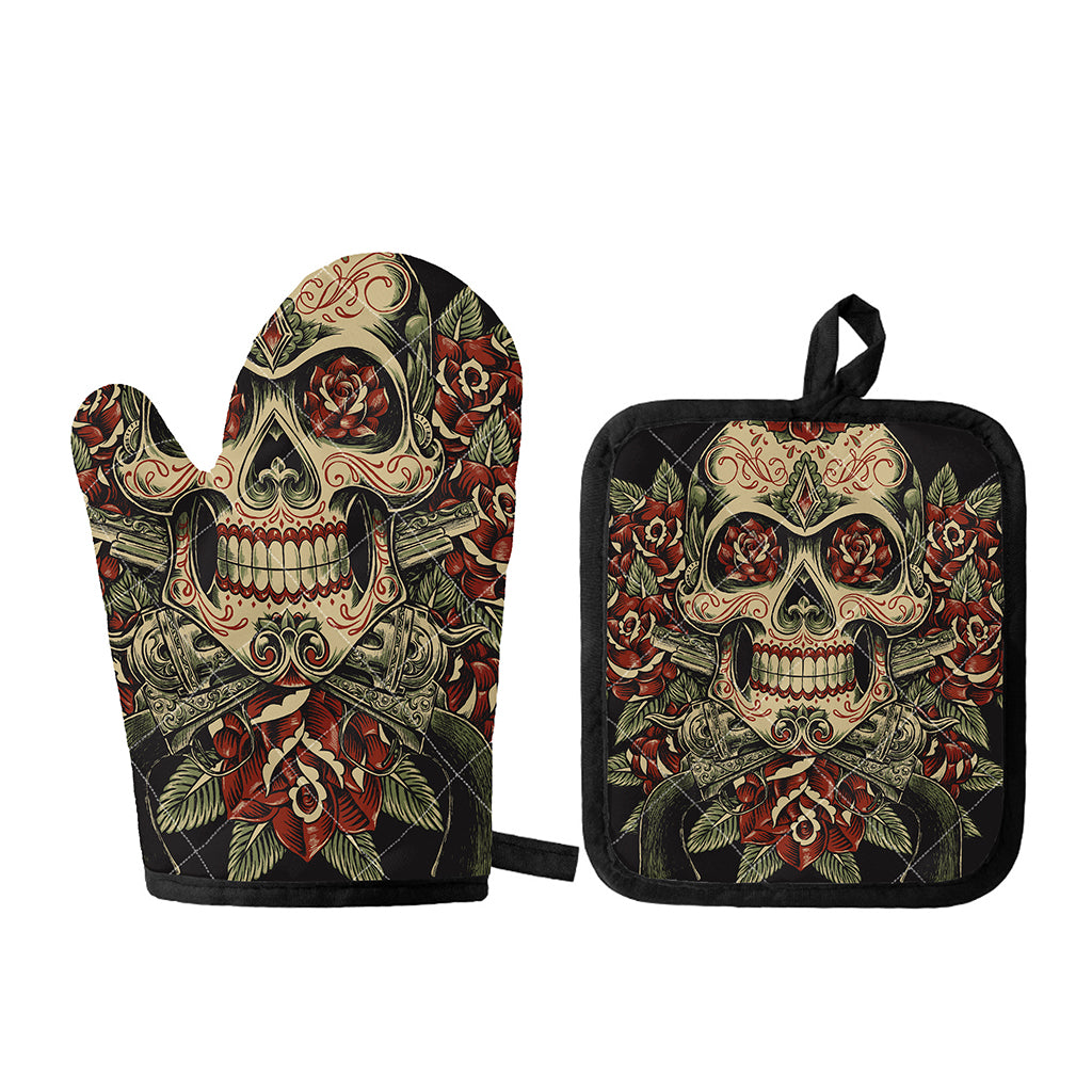 Skull And Roses Tattoo Print Oven Mitt And Pot Holder Set