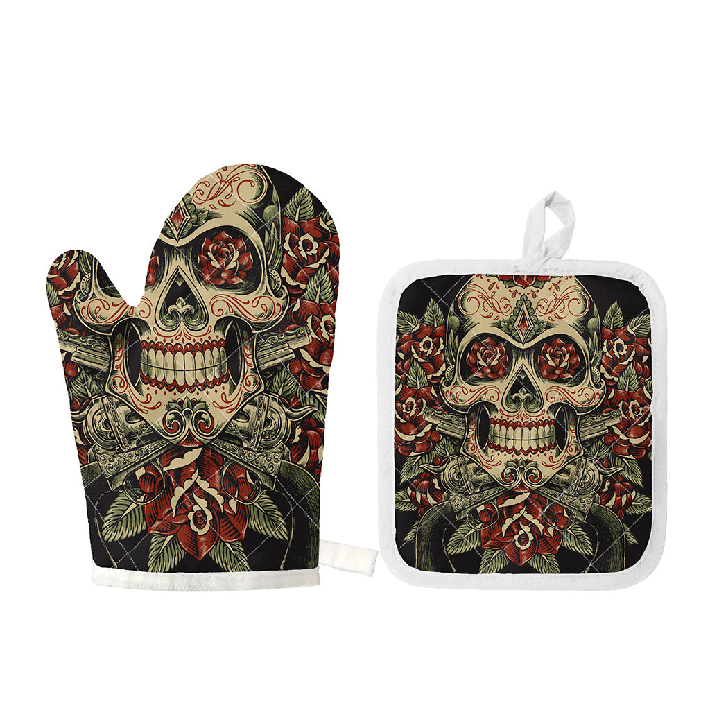 Skull And Roses Tattoo Print Oven Mitt And Pot Holder Set