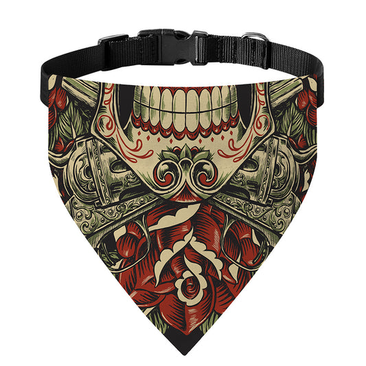 Skull And Roses Tattoo Print Over The Collar Dog Bandana