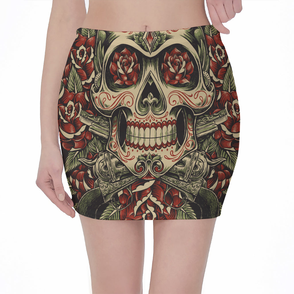 Skull And Roses Tattoo Print Pencil Mini Skirt