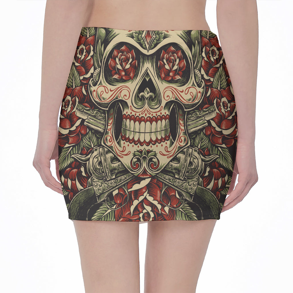 Skull And Roses Tattoo Print Pencil Mini Skirt