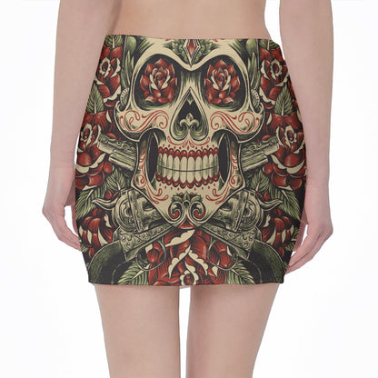 Skull And Roses Tattoo Print Pencil Mini Skirt