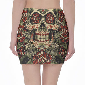 Skull And Roses Tattoo Print Pencil Mini Skirt