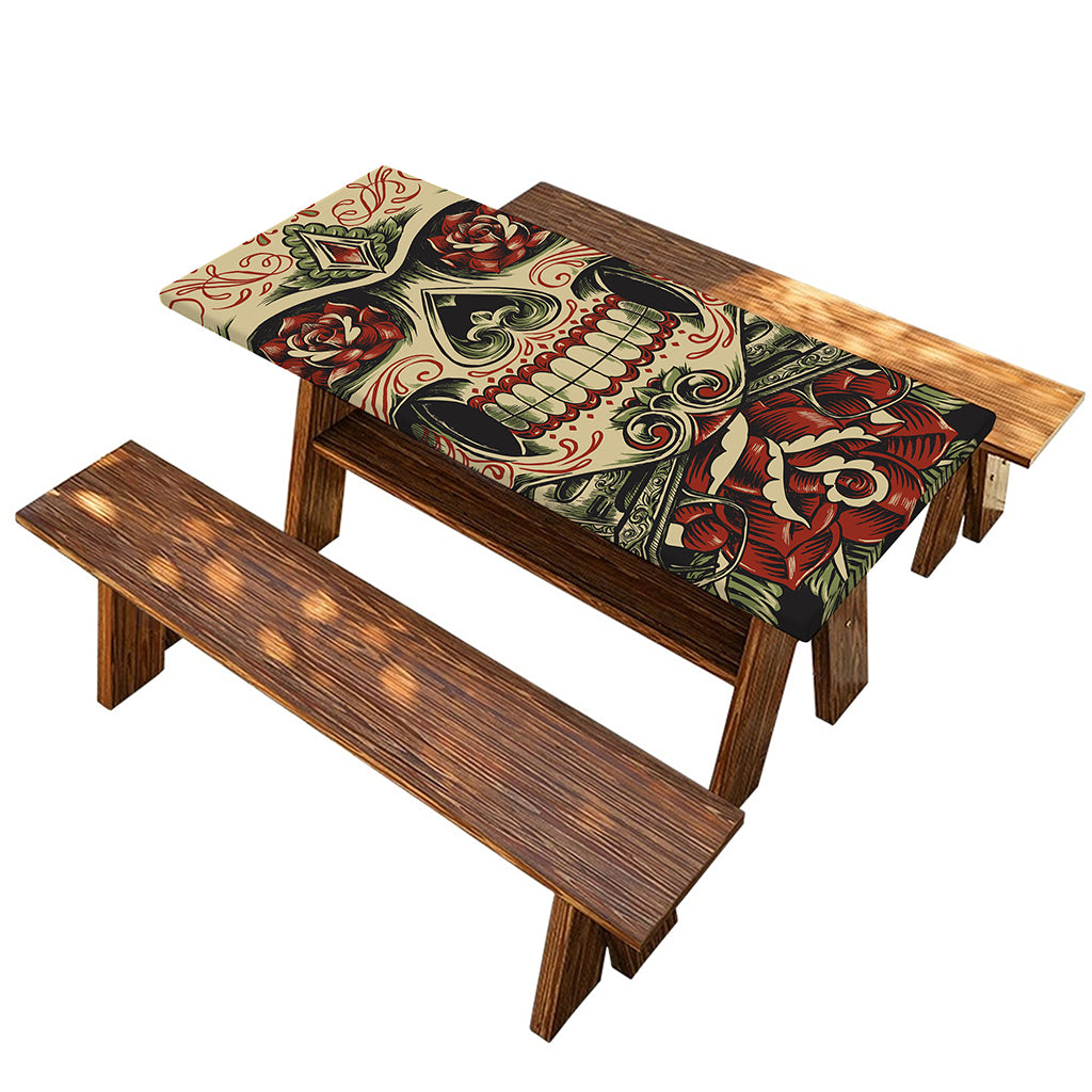 Skull And Roses Tattoo Print Picnic Table Cover