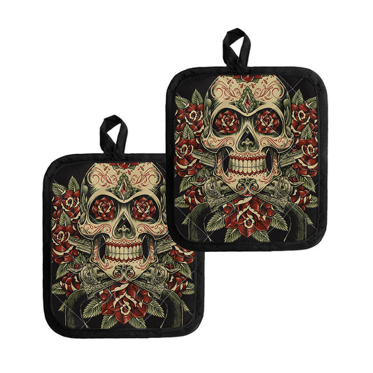 Skull And Roses Tattoo Print Pot Holders