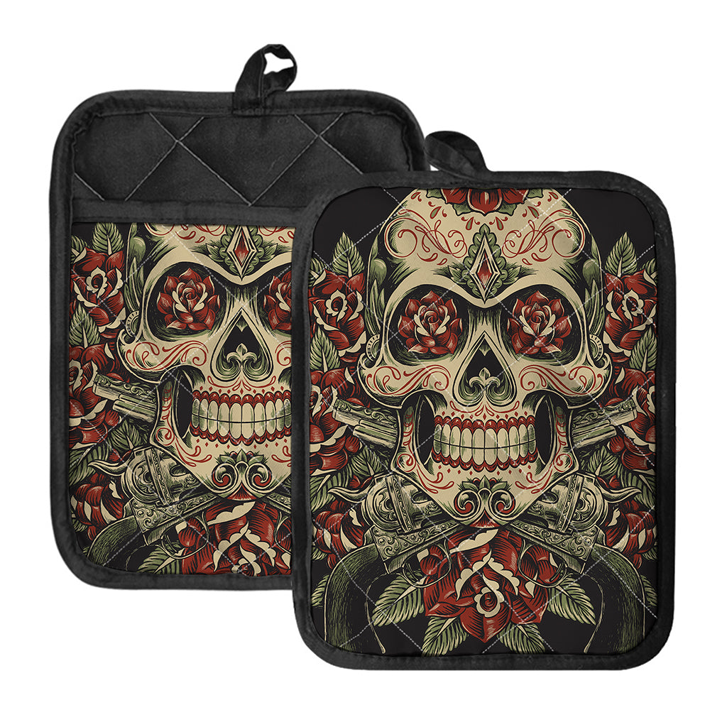 Skull And Roses Tattoo Print Pot Holders With Pocket