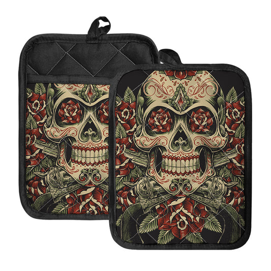 Skull And Roses Tattoo Print Pot Holders With Pocket