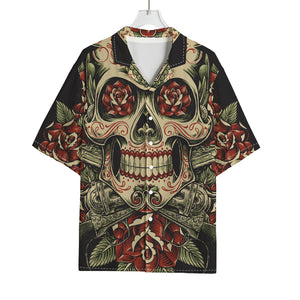 Skull And Roses Tattoo Print Rayon Hawaiian Shirt