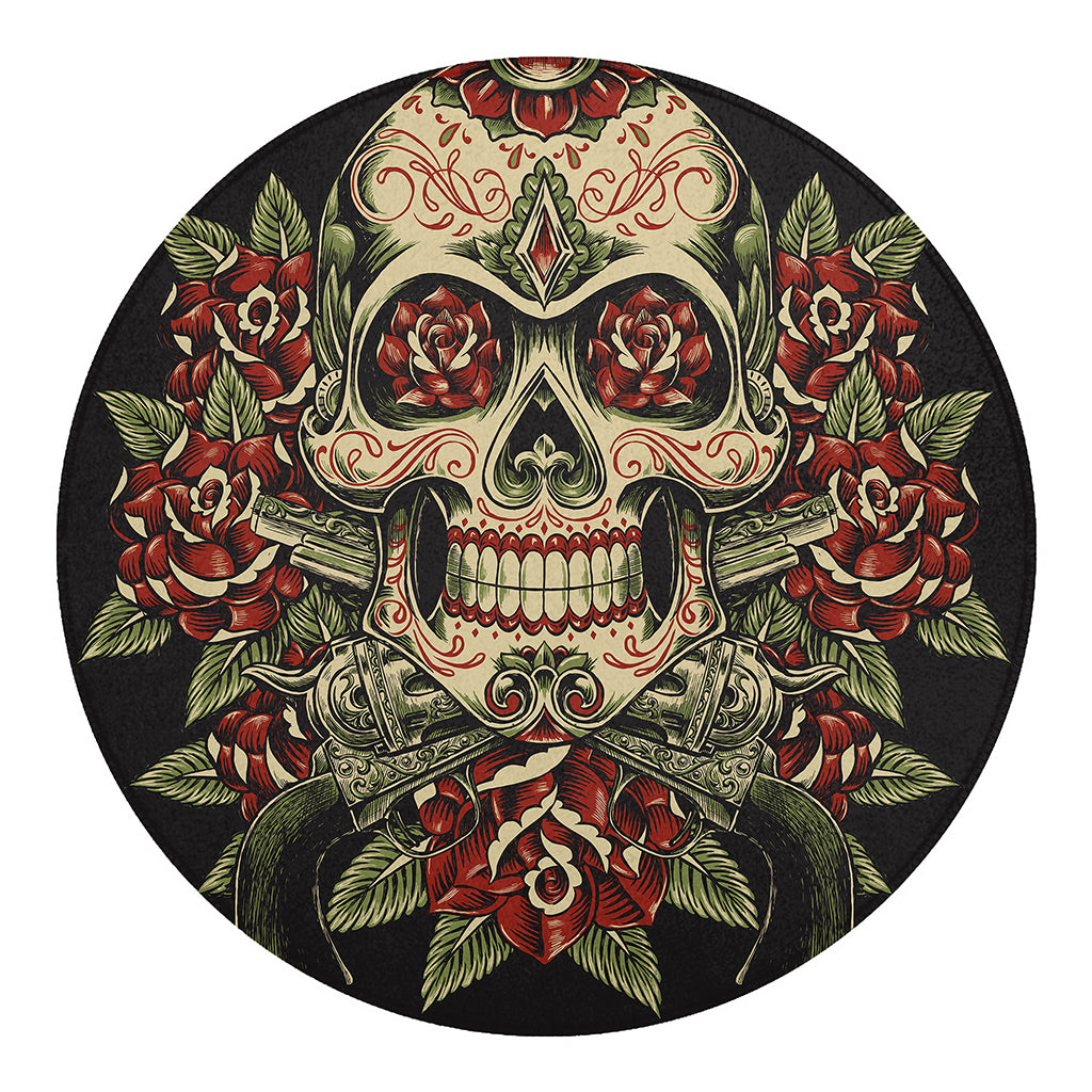 Skull And Roses Tattoo Print Round Blanket