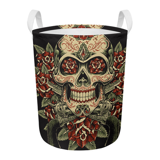 Skull And Roses Tattoo Print Round Laundry Basket
