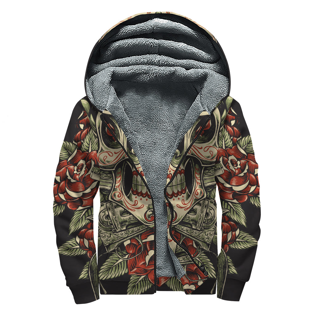 Skull And Roses Tattoo Print Sherpa Lined Zip Up Hoodie