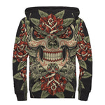 Skull And Roses Tattoo Print Sherpa Lined Zip Up Hoodie