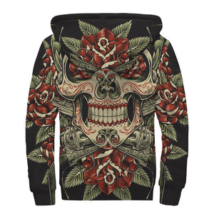 Skull And Roses Tattoo Print Sherpa Lined Zip Up Hoodie