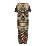 Skull And Roses Tattoo Print Short Sleeve Long Nightdress