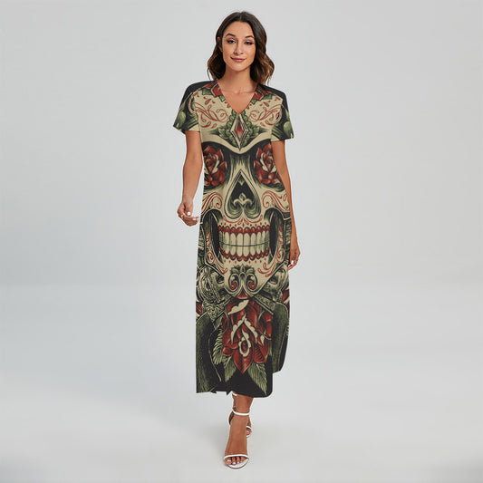 Skull And Roses Tattoo Print Short Sleeve Maxi Dress