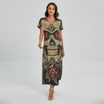 Skull And Roses Tattoo Print Short Sleeve Maxi Dress