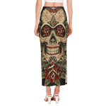 Skull And Roses Tattoo Print Side Slit Maxi Skirt